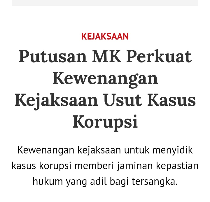 Mantap, Mahkamah konsitusi menolak permohonan uji materi yang diajukan M Yasin Djamaludin
Tentang kewenangan kejaksaan mengusut kasus korupsi

Dengan keputusan ini, kewenangaan kejaksaan mengusut kasus korupsi tidak berubah. BlokM P21