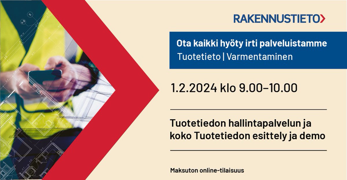 Miten Tuotetieto tehostaa rakennusalan toimintaa? ⁠Tule kuulolle maksuttomaan webinaariin 1.2.2024!

➡️ Lue lisää ja ilmoittaudu webinaariin rakennustieto.fi/tapahtumat/tuo…

#rakennustieto #tuotetieto #tuotetiedonhallintapalvelu