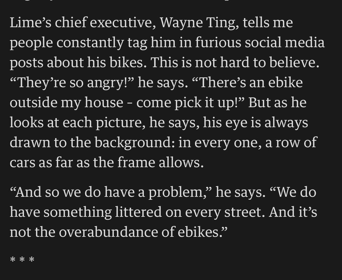 Generally I think @limebike fills an important gap for active travel, but it's hard not to warm to them when the CEO @wayneting says stuff like this. theguardian.com/cities/2024/ja…
