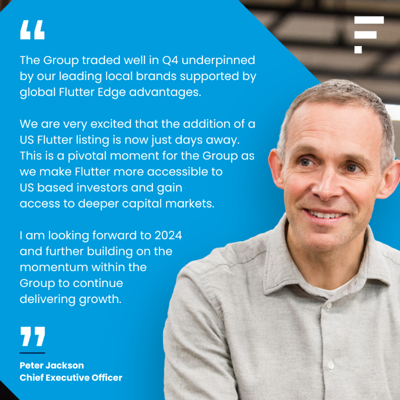 FlutterEnt's tweet photo. Today’s Q4 Trading Update shows a 15% increase in revenue, with over 13.5m AMPs worldwide.

We continue to deliver well against our strategy &amp; we remain on track for our @NYSE listing on the 29th of January – a pivotal moment for Flutter.

#FlutterResults #ChangingTheGame