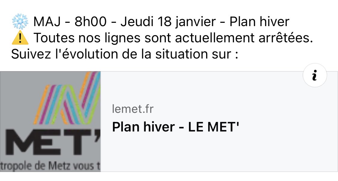 🚍#LeMet a activé son plan hiver. Toutes les lignes du réseau sont actuellement à l’arrêt, en raison des conditions météorologiques.