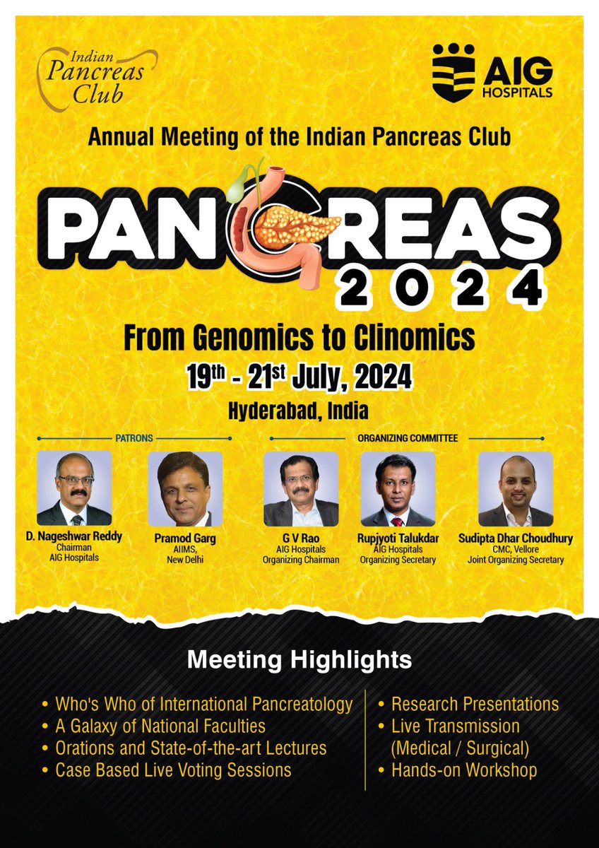 AIG Hospitals is hosting the 2024 edition of India Pancreas Club's annual meeting from 19th to 21st July. An amalgamation of the best of minds working in #Pancreatology. Save the date. Registration will open soon.
#Pancreas #CAPancreas #ERCP #WON #Whipples #Pancreatitis #Research