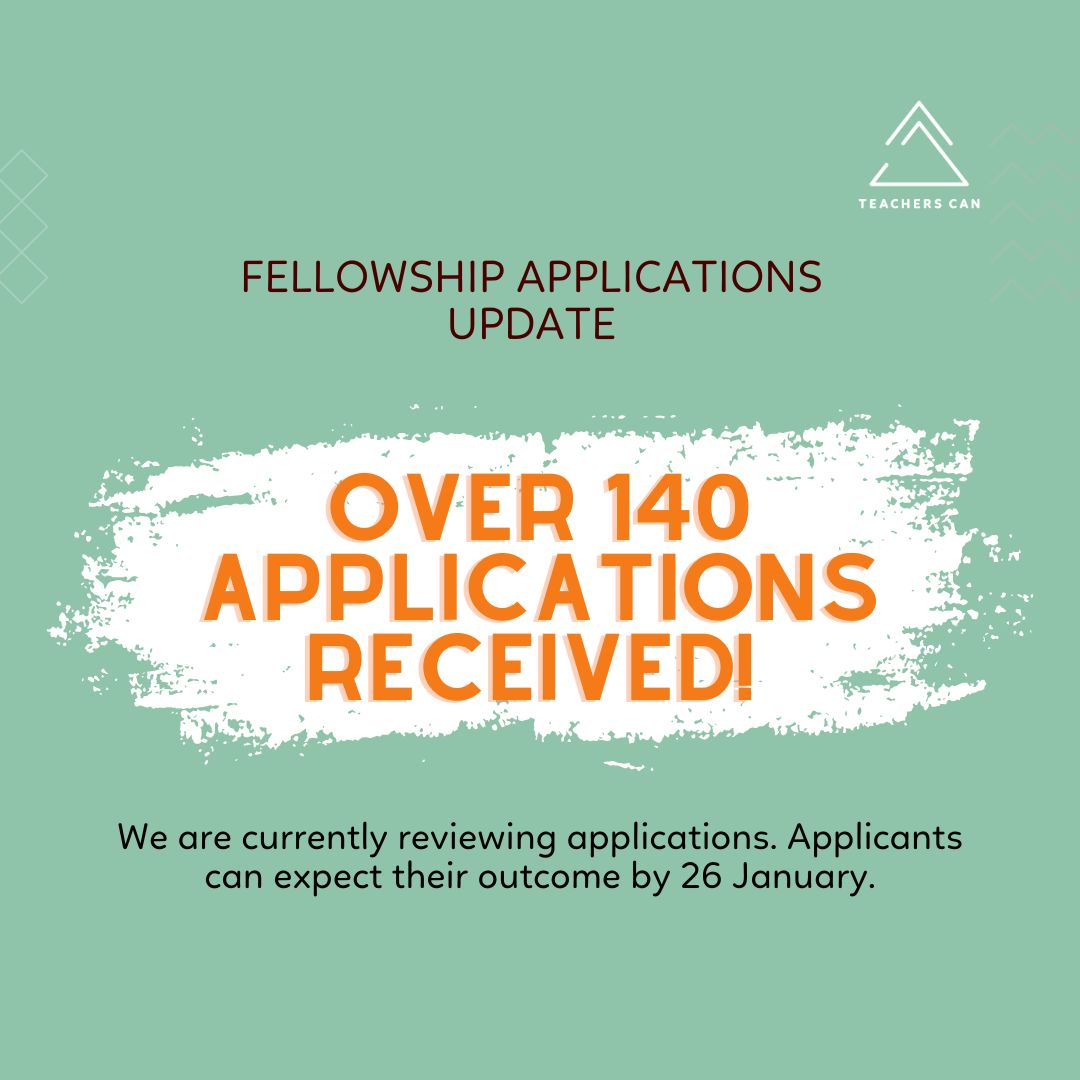 [Fellowship Applications Update]

We are excited to share that we received over 140 applications from teachers across all nine South African provinces! 🎉

The Teachers CAN team is currently reviewing all the applications received.  Expect your outcome by Friday, 26 January.