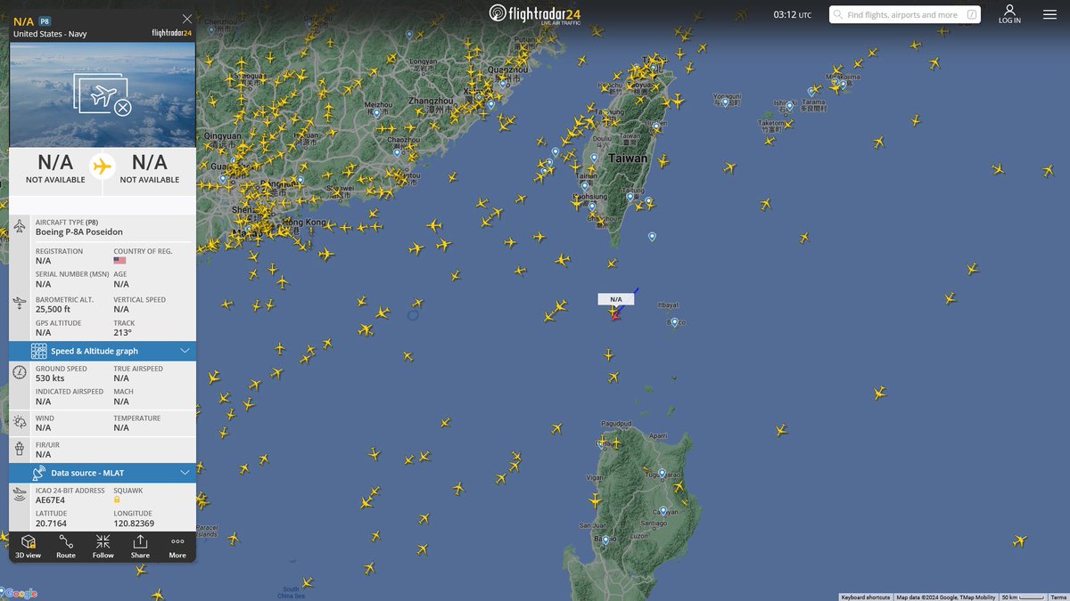 AIYeyENGDdJkjTr's tweet photo. Jan. 18, 2024
#Okinawa Kadena Air Base #South China Sea
#NoCALLSIGN #AE67E4 USN P-8A Poseidon https://t.co/cNT0VQO6jc