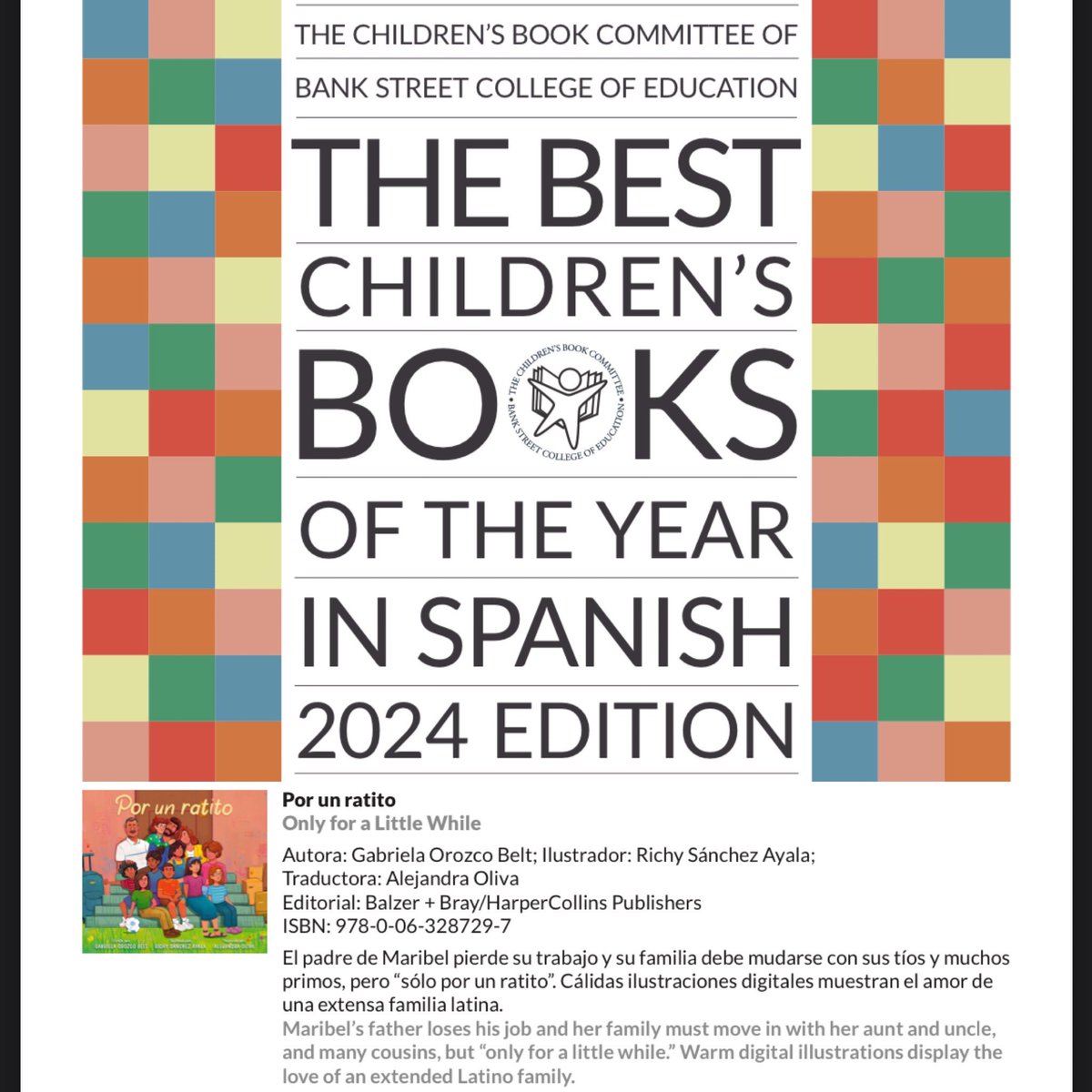 Honored to have Por un ratito on the Bank Street College of Education Best Children’s Books of the Year in Spanish! 
Thank you @olivalejandra for your hard work and always to Richy Sanchez Ayala 
Happy to share space with so many amazing titles and so many musas! @lasmusasbooks