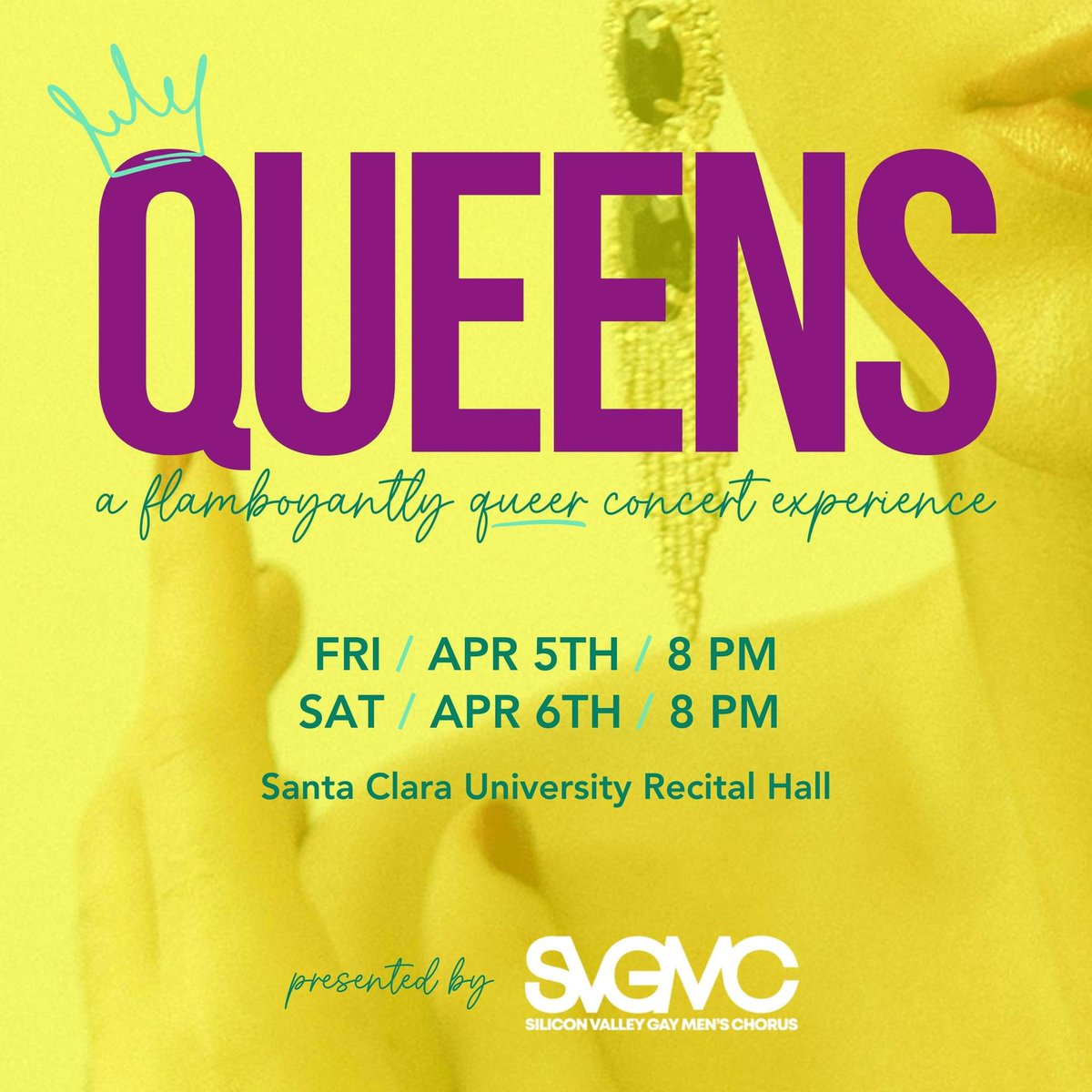 <a href="/svgmc/">svgmc</a>’s flamboyantly queer concert experience, 𝙌𝙐𝙀𝙀𝙉𝙎, will include repertoire composed or originally performed by a queen of pop, a “queen of the night,” the band Queen, and more “queens” we love. Seating is limited, so get your tix today! 🌐: svgmc.org/tickets #👑