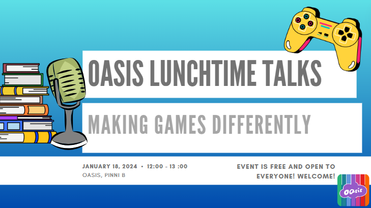 oasis_tuni's tweet photo. We are back in business, as are lunchtime talks! Join us today at 12:00 in Oasis as prof. Casey O’Donnell sketches the contours of his new project, Making Games Differently, with focus on what game making could become.  
The event will also be streamed at https://t.co/FAF65WZrNW. https://t.co/PCddFHfWm1