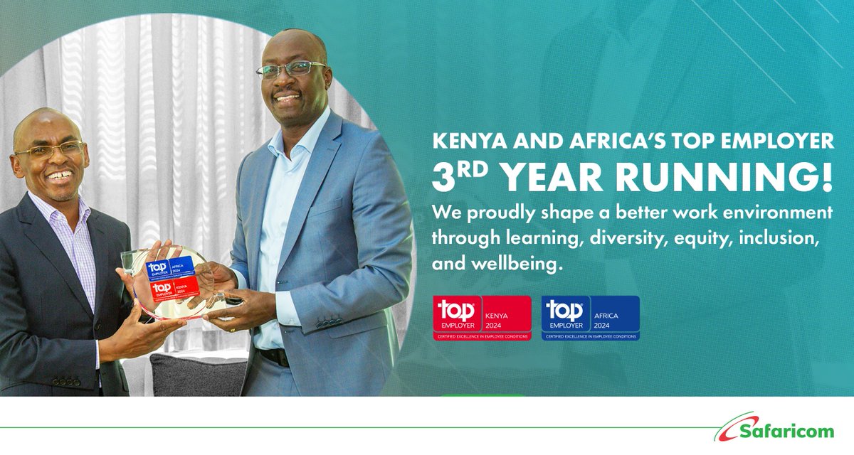 We're thrilled to receive the Top Employer certification for the third consecutive year! 💪🏾 Our commitment to humanity, growth, trust, and innovation continues to make Safaricom the best workplace where excellence thrives on the African continent. #TopEmployers2024