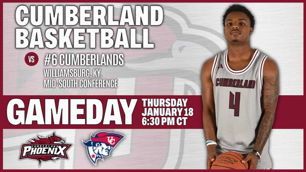 Cumberland Phoenix (@gocuphoenix) on Twitter photo Another big time Mid-South Game!
🆚 <a href="/UC_Patriots/">UC Athletics</a>
📍 Williamsburg, Ky.
⏰ 6:30 PM CT | 7:30 PM ET
📺 tinyurl.com/ykpmh89j
📊 tinyurl.com/3nymmw84
📻 WANT FM 98.9
#WeArePhoenix | <a href="/CUPhoenixMBB/">Cumberland University Men's Basketball</a> Another big time Mid-South Game!
🆚 <a href="/UC_Patriots/">UC Athletics</a>
📍 Williamsburg, Ky.
⏰ 6:30 PM CT | 7:30 PM ET
📺 tinyurl.com/ykpmh89j
📊 tinyurl.com/3nymmw84
📻 WANT FM 98.9
#WeArePhoenix | <a href="/CUPhoenixMBB/">Cumberland University Men's Basketball</a>