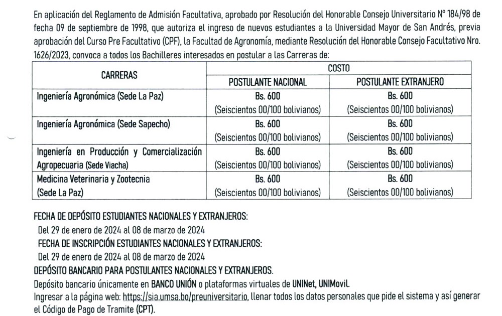Facultad de Agronomía UMSA 2024: Convocatoria al Curso Pre-Facultativo Modalidad Presencial Segundo Semestre dlvr.it/T1X83K