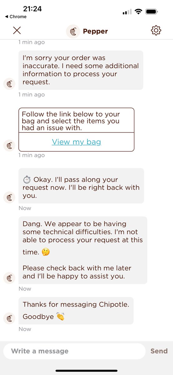 Bharsyng's tweet photo. Yo @ChipotleTweets - The virtual assistant is useless. Second time I’ve tried to submit an issue with my order. And I can’t reach the restaurant. What do I do? https://t.co/cQDI21Doqy