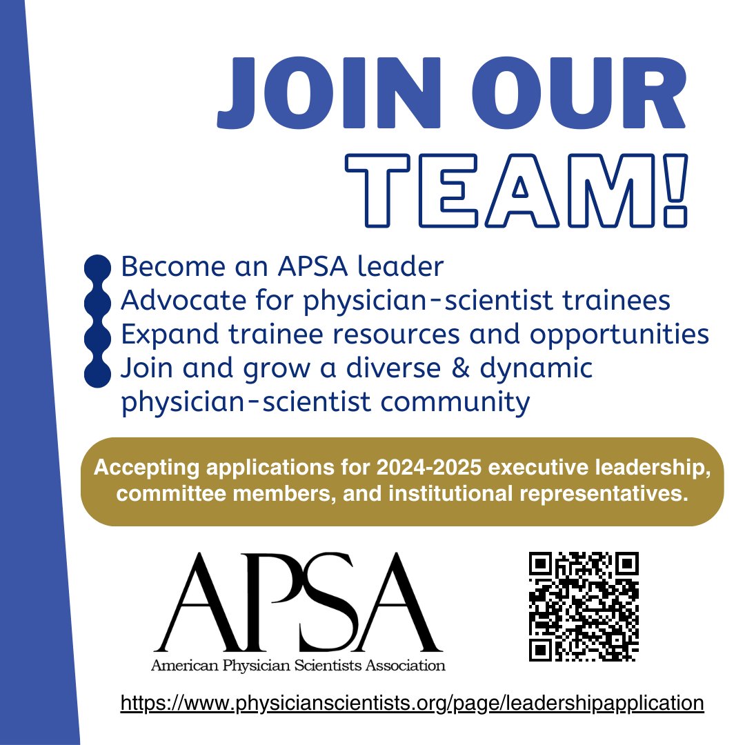 📢2024-2025 APSA Leadership Applications are open! Join a diverse and dynamic community of physician-scientists and shape the future of physician-scientist training. Apply today! bit.ly/41YAxeV #PhysicianScientists #DoubleDocs #ClinicalScientists