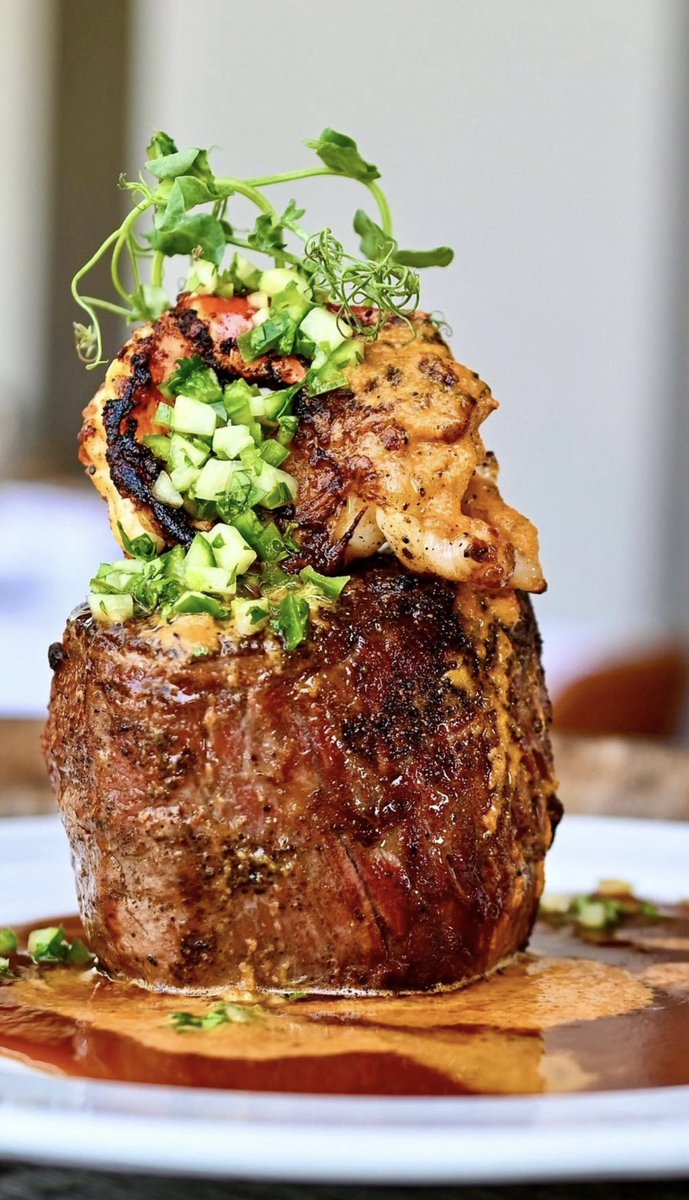 This is what I call SURF AND TURF MAXIMUM FLAVOR STYLE!!! Here we have our beautiful Filet Mignon + Colossal South African Shrimp + Guajillo Pepper Steak Sauce + Jicama Salsa Verde!!! These bold, New American flavors will redefine what you thought Surf and Turf was!!! Click