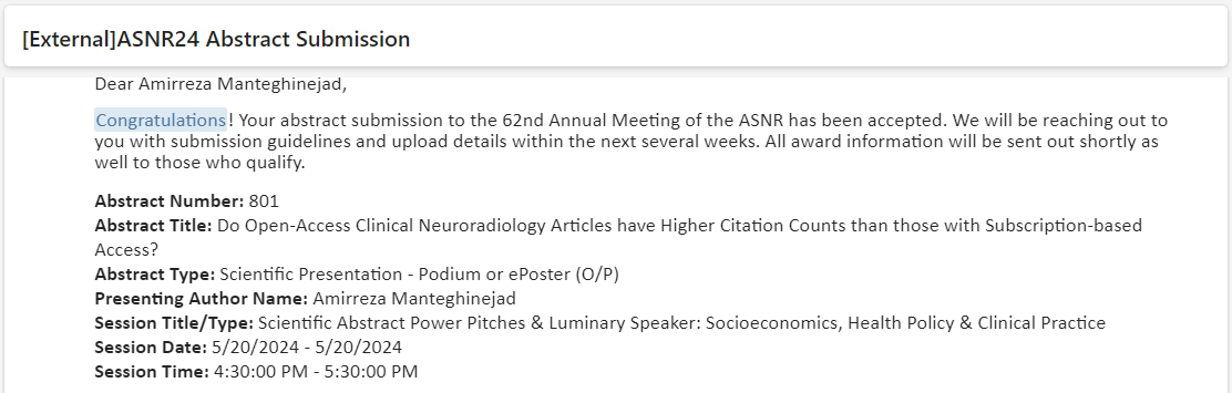 One of my fields of interest is #scientometrics, and I enjoy conducting interdisciplinary studies between this field and my main focus, #radiology. Thrilled that our interdisciplinary study caught the interest of @TheASNR. We are going to present our project at #ASNR24.
