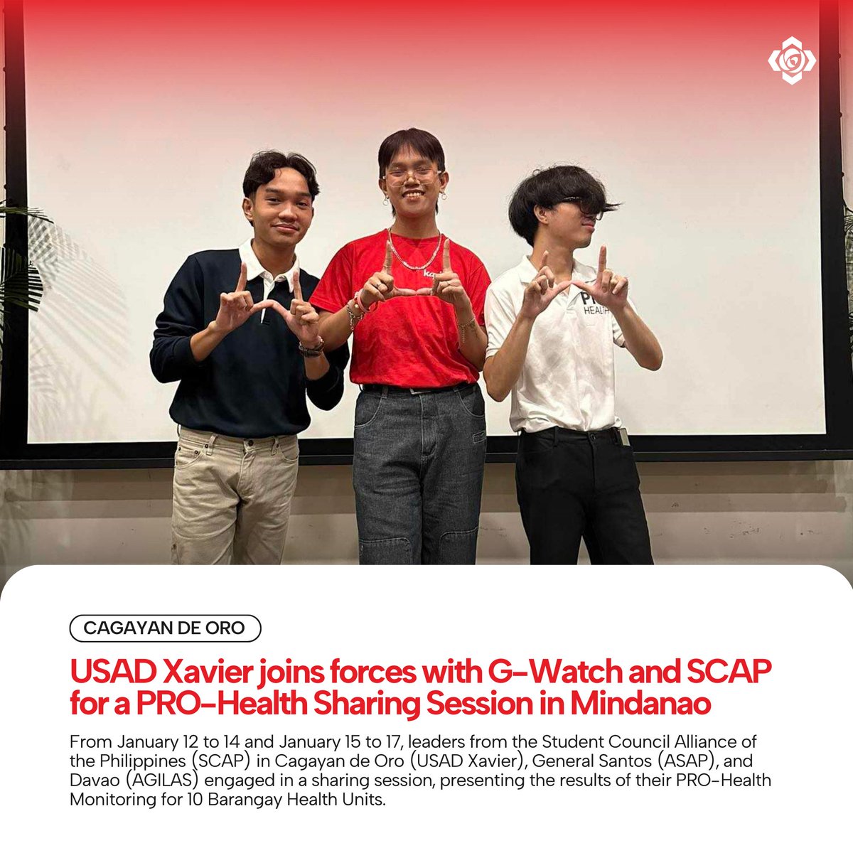 USADXavier's tweet photo. On January 12-14 &amp; 15-17 , 2024, a PRO-Health Sharing Session took place with leaders from the Student Council Alliance of the Philippines in Cagayan de Oro, General Santos, and Davao serving as volunteer-monitors for 10 health units.

#USADXavier https://t.co/J1RwKlBedY