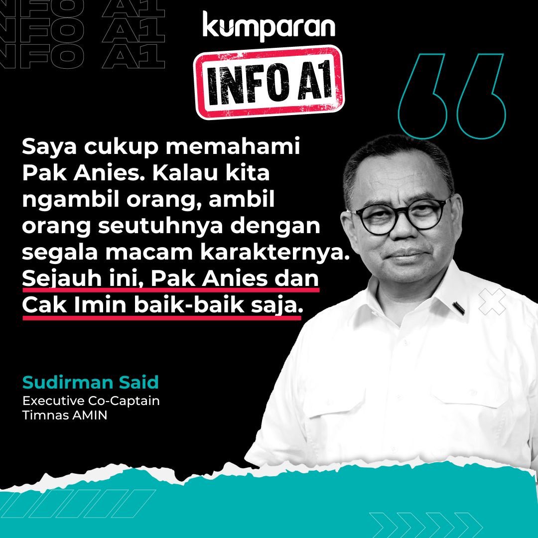 kumparan's tweet photo. Executice Co-Captain Timnas AMIN, Sudirman Said mengatakan, Capres 01, @aniesbaswedan menerima @cakimiNOW dengan segala macam karakter dan konsekuensinya. 

Selengkapnya di https://t.co/C5EBmWOBNo

#infoa1 #sudirmansaid #brand #quote #aniesbaswedan #cakimin #capres01 #pemilu2024 #kumparan