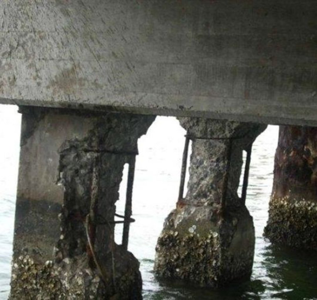 estrucpatologia's tweet photo. Los ambientes costeros son muy agresivos para el concreto y el acero, pero se acentúan en la zona de marea debido al proceso de secado y humedecimiento hasta 2 veces al día.
Tal como se ve en la imagen está zona está aún peor que la parte que permanece sumergida.
#construccion https://t.co/OP0yncCaVK