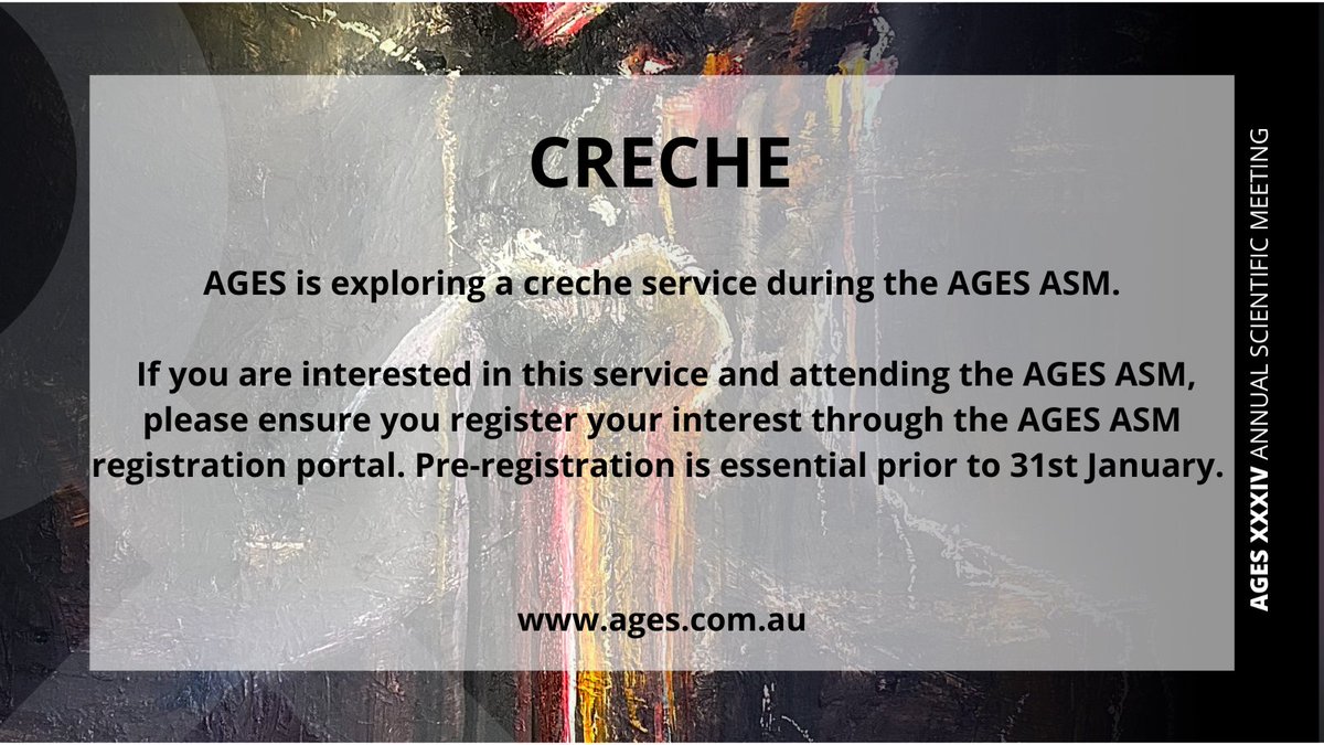 Don't forget we are exploring a creche option for our members at the AGES ASM 2024! Please ensure you RSVP with your registration to secure a possible spot. The AGES ASM will be held from the 29th February - 2nd March 2024 at Gold Coast Convention and Exhibiton Centre.