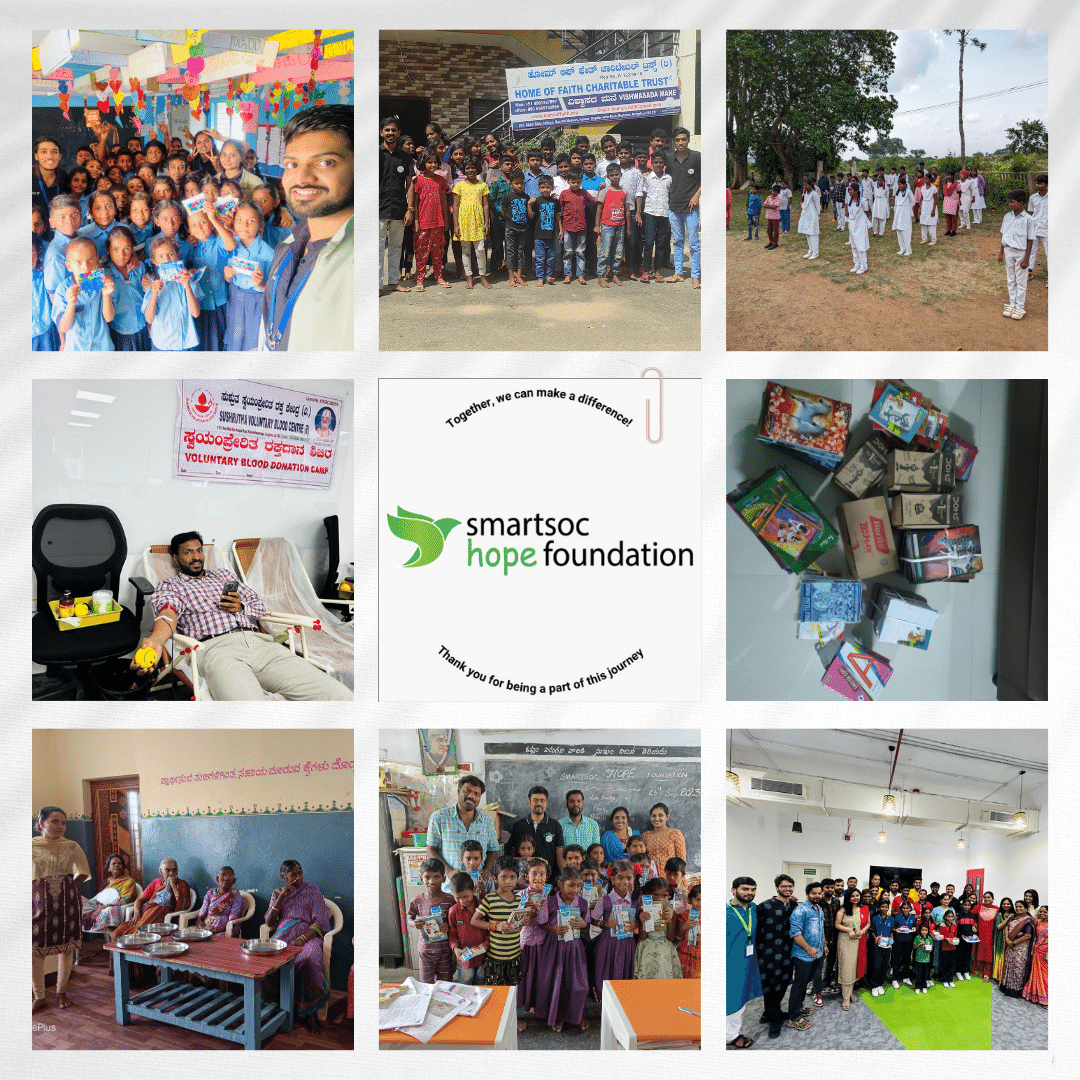 🌟 Celebrating 2023 Achievements! 🌟 Thanks, #SmartSoCHopeFoundation volunteers:

📚 Sponsored 15 students
💉 Held 4 blood camps
🎉 Celebrated Children's Day
💰 Provided tablets and aid
👩‍⚕️ Supported community health

Your impact is immense! On to a new year! 🚀🙏 # #YearOfImpact