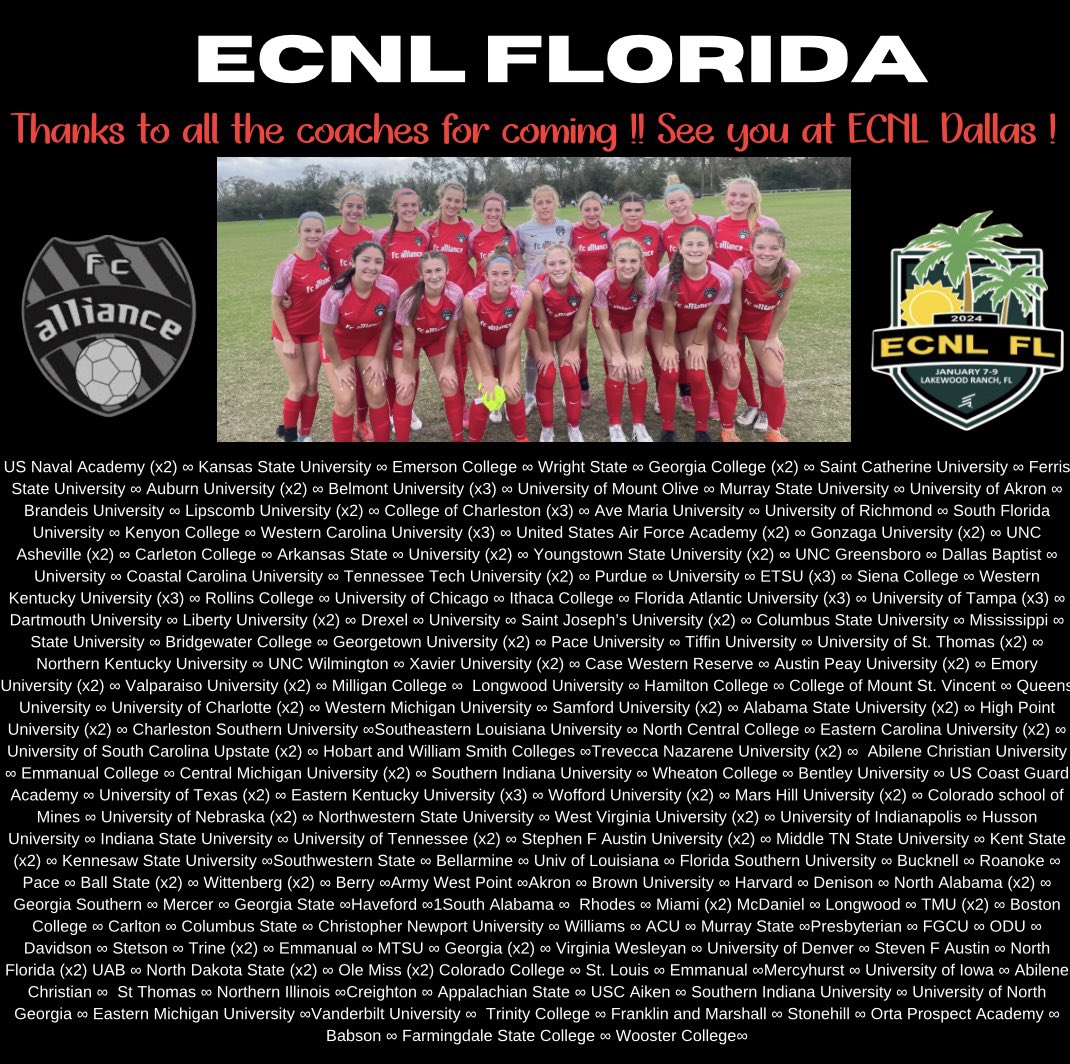 FC Alliance 07G ECNL (@fca07g) on Twitter photo Thank you to all the coaches that watched us play at #ECNLFL Next up will be #ECNLDALLAS
<a href="/FCAlliance1/">FC Alliance</a> <a href="/ECNLgirls/">ECNL Girls</a> <a href="/ECNLOhioValley/">ECNL Ohio Valley Conference</a> <a href="/ImCollegeSoccer/">College Soccer Truth ™</a> <a href="/ImYouthSoccer/">ECNL/GA/Recruiting/College Soccer</a> Thank you to all the coaches that watched us play at #ECNLFL Next up will be #ECNLDALLAS
<a href="/FCAlliance1/">FC Alliance</a> <a href="/ECNLgirls/">ECNL Girls</a> <a href="/ECNLOhioValley/">ECNL Ohio Valley Conference</a> <a href="/ImCollegeSoccer/">College Soccer Truth ™</a> <a href="/ImYouthSoccer/">ECNL/GA/Recruiting/College Soccer</a>