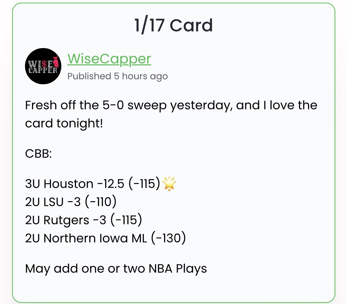 BRING OUT THE BROOOOMS🔥🧹

3U Houston -12.5 (-115)🌟✅ 2U LSU -3 (-110)✅ 2U Rutgers -3 (-115)✅ 2U Northern Iowa ML (-130)✅

4-0 ON THE DAY AND BACK TO BACK SWEEPS FOR VIP. 9-0 THE LAST TWO DAYS🔥💵

Congratulations to all Clients. BACK AT IT TOMORROW

#GamblingTwitter