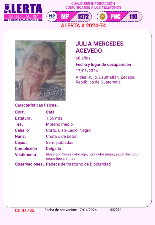 isabel_claudina's tweet photo. #AlertaIsabelClaudina
🚨 Ayúdenos a encontrar a
JULIA MERCEDES ACEVEDO
Desapareció el 17 de enero de 2024
Cualquier información comunicarse al teléfono 📞 1572
Gracias por difundir esta información❗ https://t.co/t2XAIgrOqV