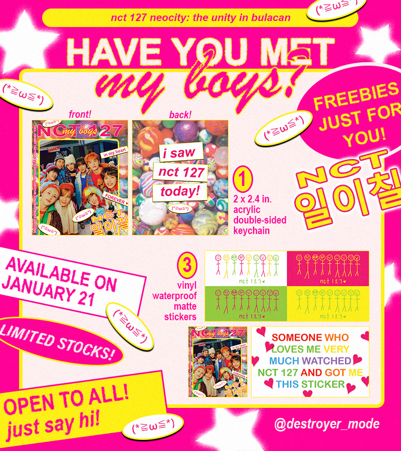 destroyer_mode's tweet photo. HAVE YOU MET MY BOYS? (≧◡≦) ♡

nct 127 keychain and sticker set for the unity in bulacan ! ♡♡♡

♡ loc &amp; time to be announced !
♡ just say hi ! and show this tweet to claim ! 
♡ rt &amp; likes are much appreciated ! 

#NCT127_NEOCITY_THE_UNITY #NEOCITY_THE_UNITY_in_BULACAN https://t.co/dORYcEbv82
