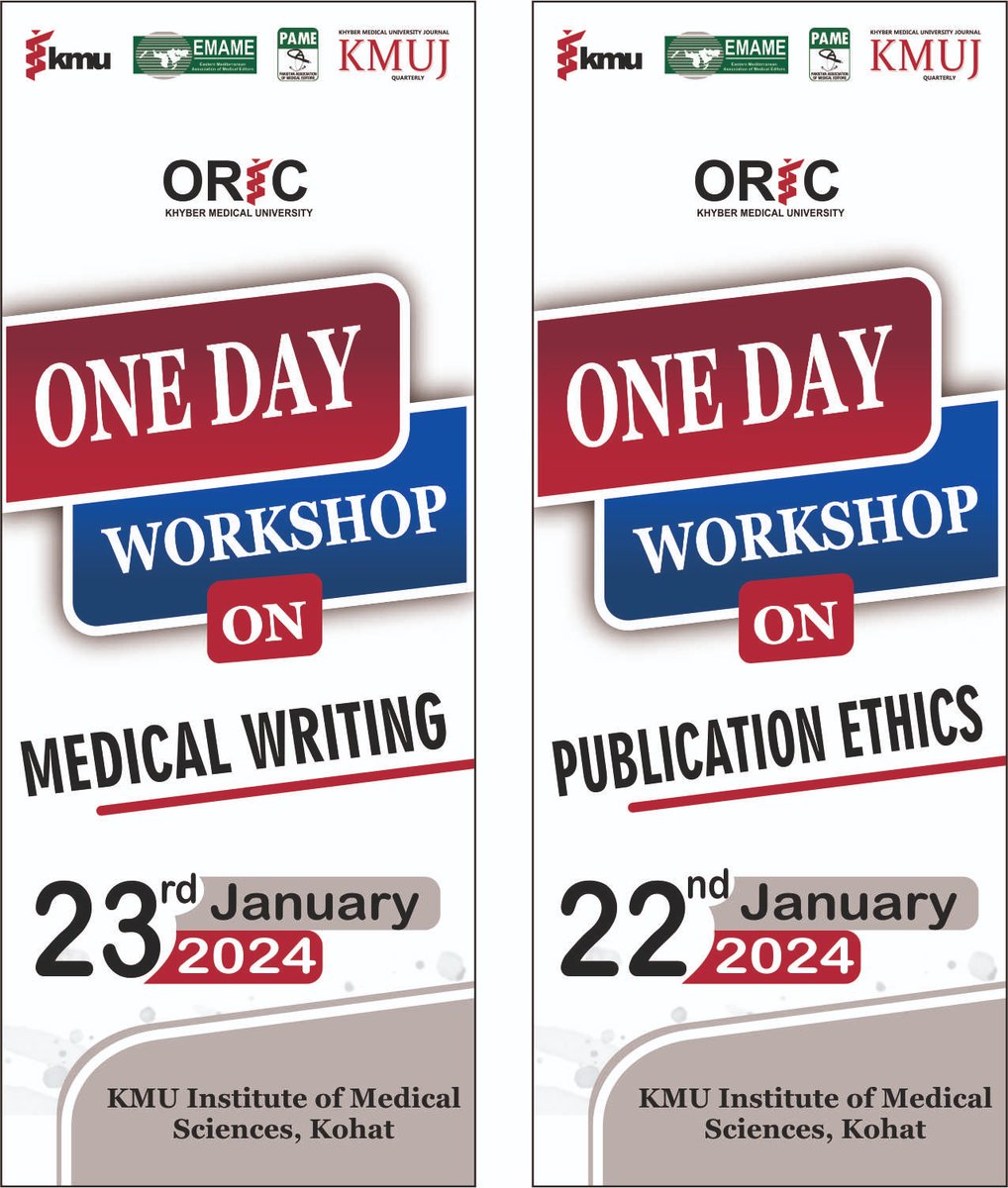 Two workshops on #PublicationEthics & #Medicalwriting 
will be held at #KhyberMedicalUniversity institute of Medical Sciences #Kohat #Pakistan in collaboration with @ResearchKMU1 @kmuofficial_  @PAME_Pak @KMUJOURNAL1 & #EMAME