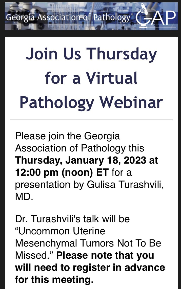 Join us tomorrow (1/18) at noon (EST) for a talk on uterine mesenchymal tumors! Click here to register: zoom.us/meeting/regist…

#pathology #pathologists