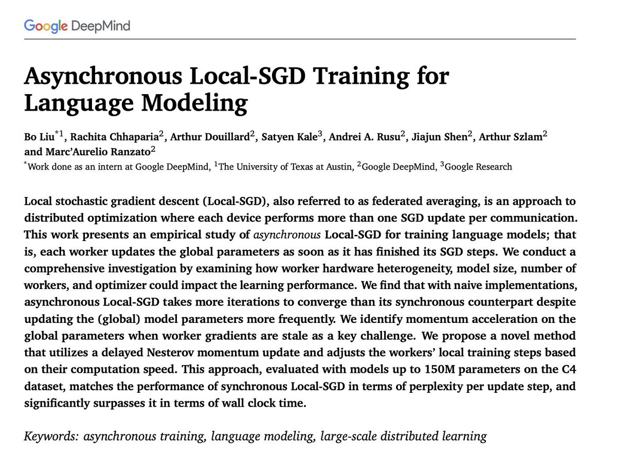 Google Deepmind present Asynchronous Local-SGD Training for Language Modeling

paper page: huggingface.co/papers/2401.09…

Local stochastic gradient descent (Local-SGD), also referred to as federated averaging, is an approach to distributed optimization where each device performs more