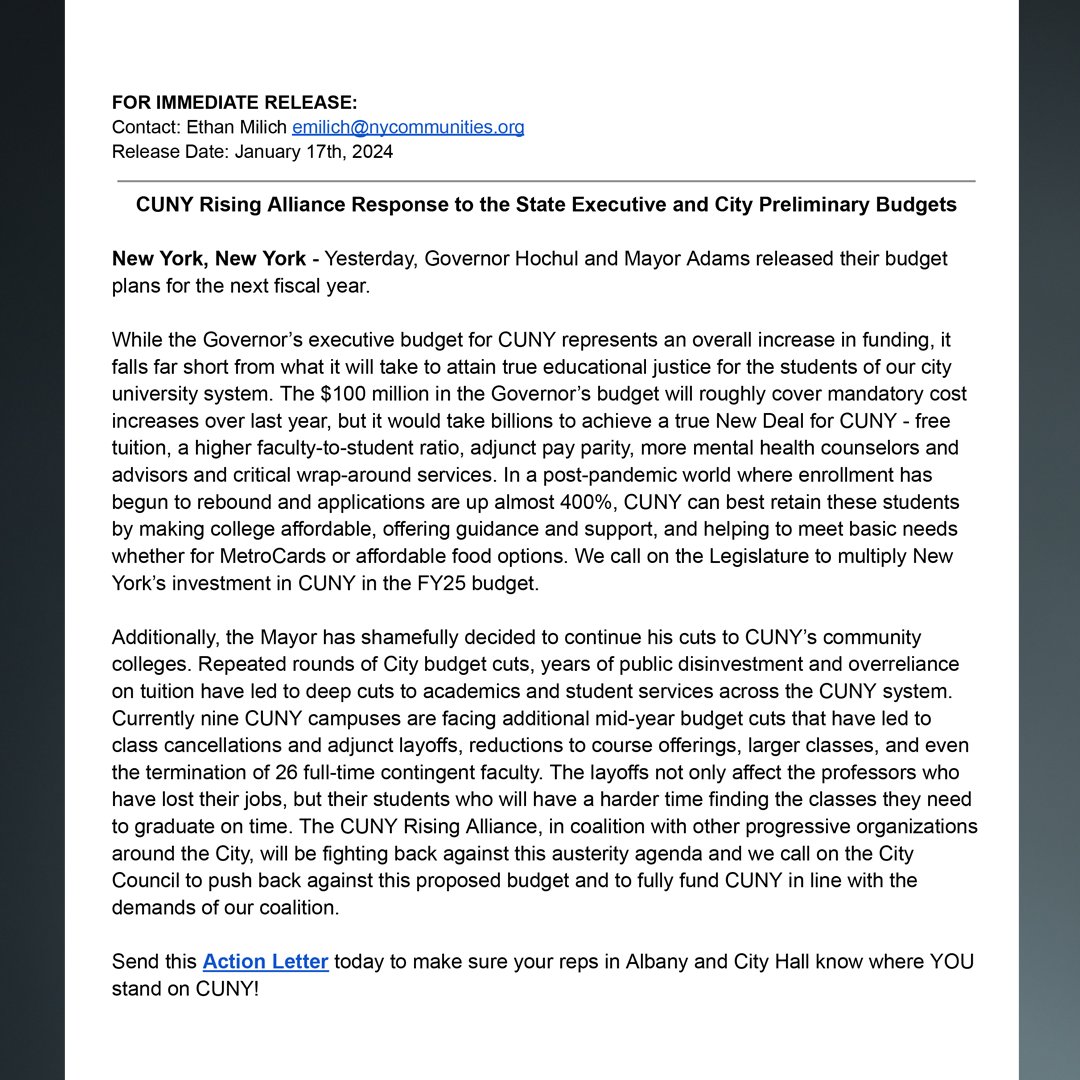 @CUNYrising Response to the State & City Preliminary Budgets

Pdf here: tinyurl.com/CRAonPrelimBud…

Send this Letter -> cunyrisingalliance.org <- today to make sure your reps know where YOU stand on #CUNY!

#NoCutstoCUNY #CareNotCuts #InvestinCUNY #NewDeal4CUNY #FullyFundCUNY