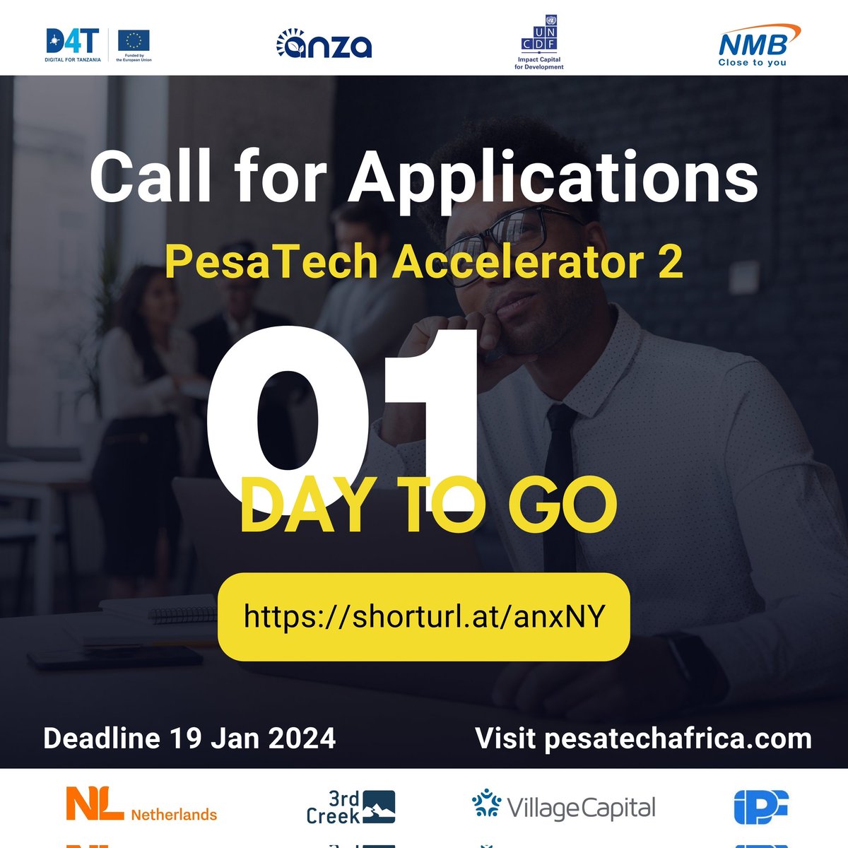 1 day to Go. The application window for PesaTech Accelerator 2 closes this Friday. Apply through anzaentrepreneurs.co.tz/pesatechafrica or visit pesatechafrica.com Application deadline: 19 January 2024 @EUinTZ @AnzaInt @UNCDFdigital @NMBTanzania @3rdCreekGrants