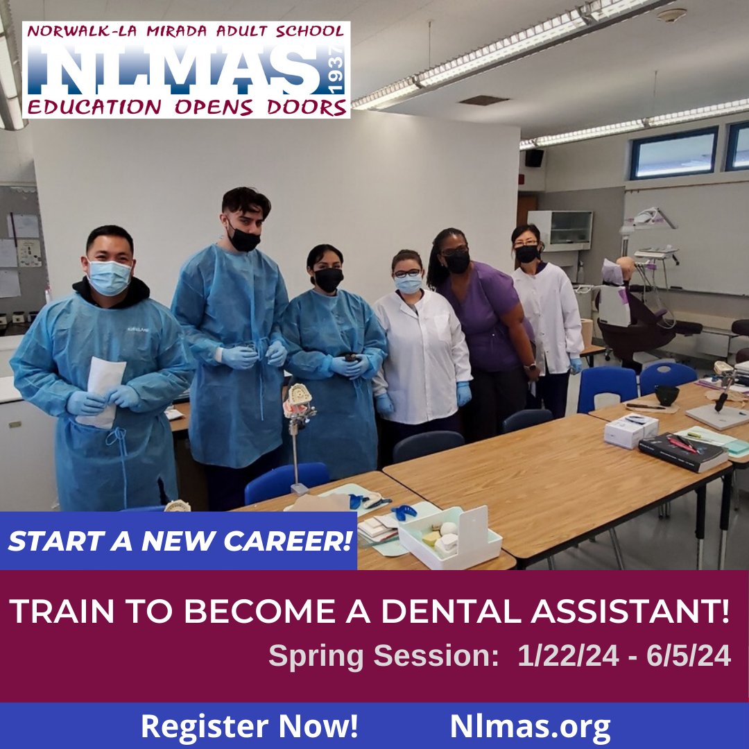 The next Dental Assistant training program begins on 1/22/24! Enroll now to get started in this high demand career. Go to nlmas.org or call (562) 210-3990 for more information.

#AdultEducation
#careertraining
#dentalassistant
#CTE
#MoveAheadWithAdultEd
#NLMUSD