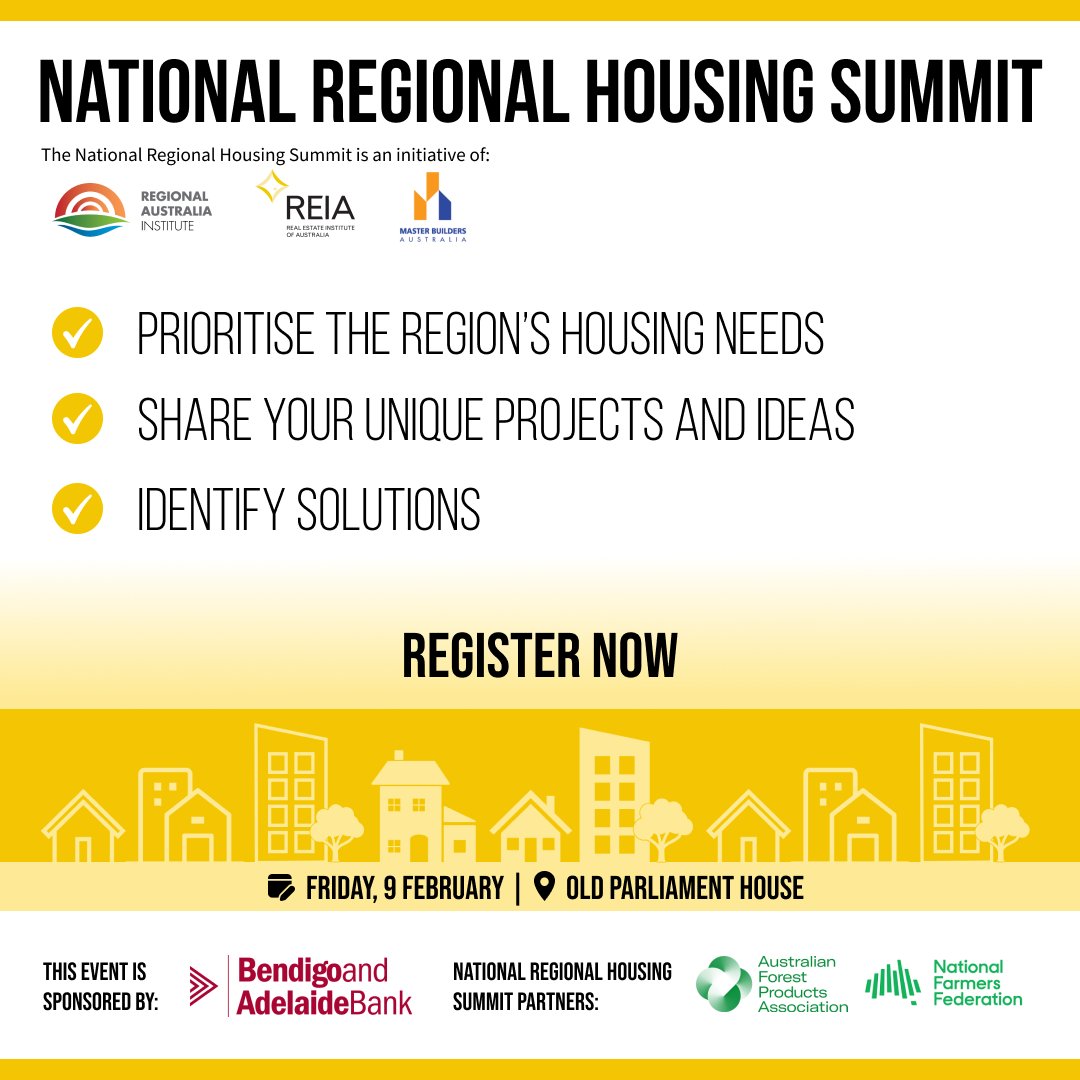 Join us at the National Regional Housing Summit! We're bringing together key players to address the pressing issues of home ownership, social and affordable housing, and rental availability in #RegionalAustralia. Register: regionalaustralia.org.au/EventDetail?Ev…