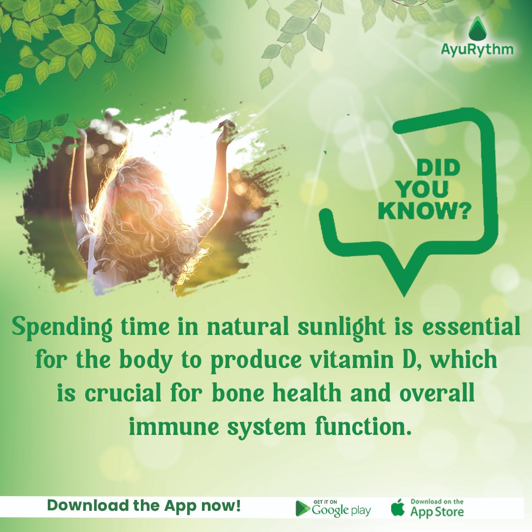 Sunlight is your body's Vitamin D factory, vital for bone health and a strong immune system. Embrace the sun, let your health shine! ☀️🍃 📲 Install the App Now❗️ Android: bit.ly/3T6iW0a IOS: apple.co/42dStl . . . #AyuRythm #SunlitWellness #VitaminD