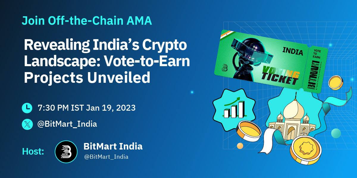 BitMart_SA's tweet photo. 🚨 BitMart India Off-The-Chain AMA is here!
Tune into our upcoming AMA to learn about Innovative Indian projects participating in Vote-to-Earn program & win exciting Vote-to-Earn (India Edition) NFTs! 🇮🇳
⏰ 7:30 PM IST, Jan 19
🎧 Set reminder: https://t.co/gFrig5oMlQ
👉 Claim Vote-to-Earn NFT: https://t.co/On7aeVCJKy
#BitMartOffTheChain