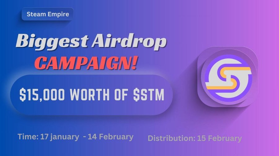 🚀 Participate in SteamEmpire Airdrop! 
🎁 Reward: 65 STM (~$15)

🌐 How to Participate:
Register at Airdrop Page (t.me/cryptospotaird…)

#AirDrop  #CryptoNews  #Giveaway  #blockchains  #FREETOKENS  #CryptoCommunity <a href="/Cryptospot_com/">Crypto Spot</a>