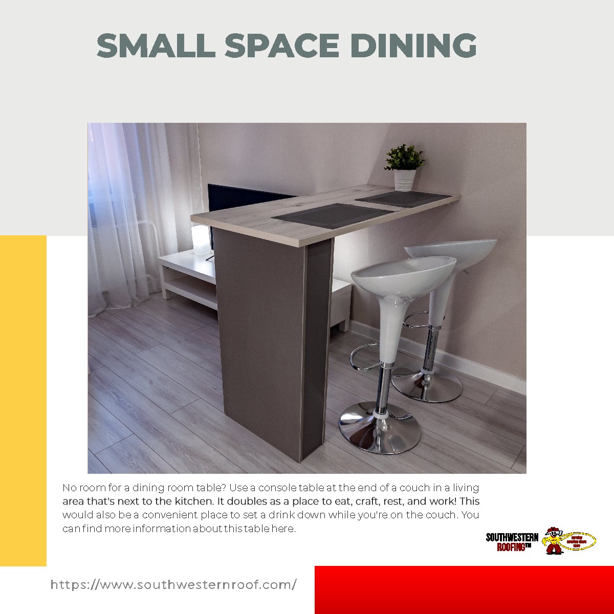 swroofing_tm's tweet image. SMALL SPACE HACKS TO MAKE USE OF EVERY POSSIBLE SPACE WITHOUT LOOKING CROWDED

#SmallSpaceHacks #MaximizeSpace #CleverStorageIdeas #SpaceOptimization #SmallSpaceLiving #OrganizeLikeAPro #UtilizeEveryInch #CreativeStorageSolutions #SpaceSavingIdeas #MultiFunctionalFurniture

 ...
