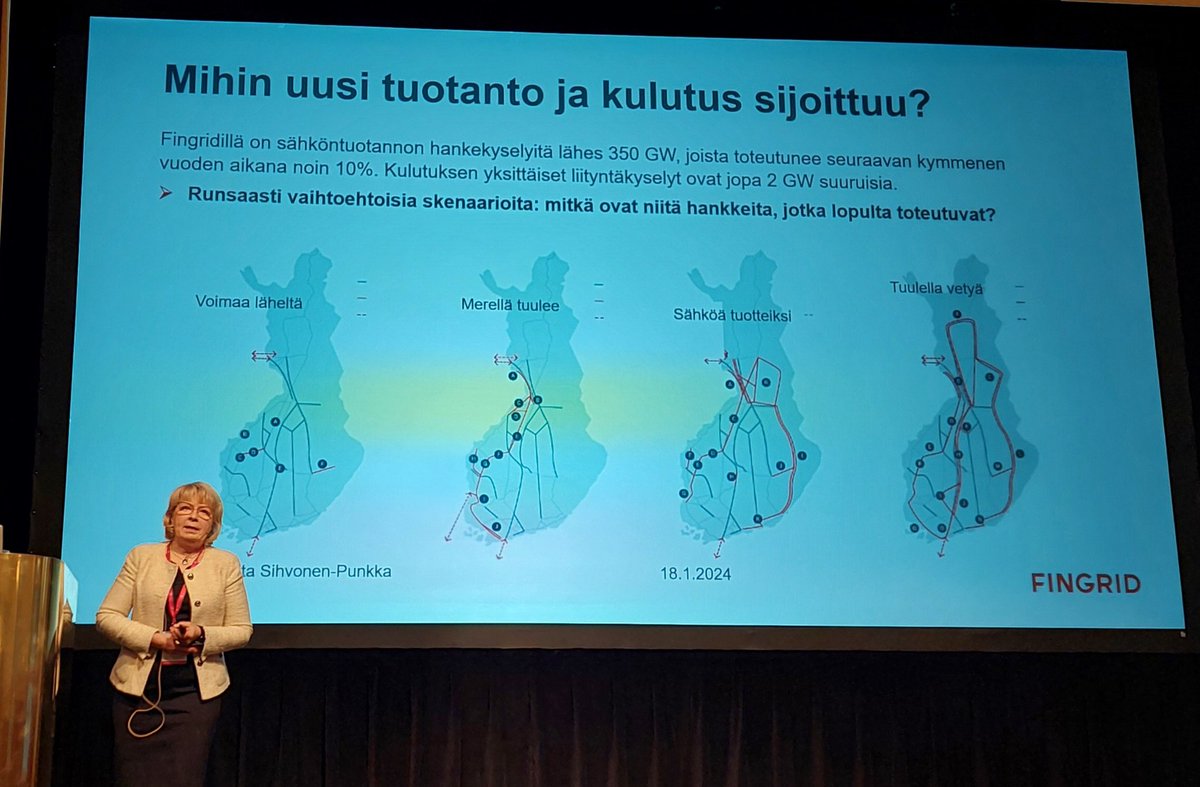 Sähköverkon dilemma: nykyisestä tuotannosta 80% sijaitsee Tampereen pohjoispuolella ja 80%  kulutuksesta puolestaan sen eteläpuolella. Fingridillä mietinnässä useita erilaisia skenaariota tulevaisuuteen, kertoo Asta Sihvonen-Punkka. <a href="/AstaS_P/">Asta Sihvonen-Punkka</a> <a href="/fingrid_oyj/">Fingrid Oyj</a> #uusiutuva2024