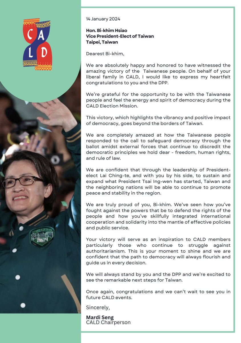 CALD's Congratulatory letter to Vice President-elect @bikhim 🇹🇼 @DPPonline