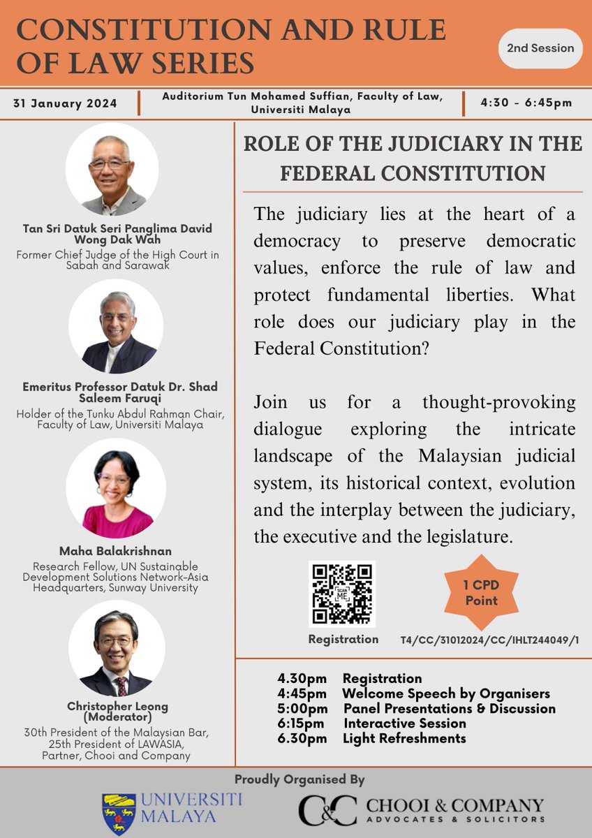 The second session of the Constitution and Rule of Law series will take place on the 31st of January, at University Malaya. Here's the registration link: docs.google.com/forms/d/17Uu1E…