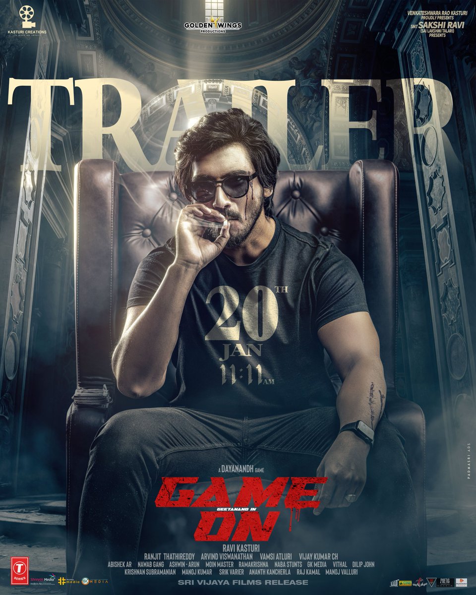 shreyasgroup's tweet photo. Promising you a thrilling experience beyond imagination. ππ₯
Get set for the electrifying #GAMEON Trailer reveal!β³
Launching on JAN 20th @ 11:11 AM!π₯
#GameOnFeb2nd π₯
@geetanand @nehasolankioffl @vasanthi__krishnan @madhoo_rockstar
@adithyamenon.actor @dayayayayya π¬
@ravikasturi10 π° @abishekarmusic
@nawab_gang
@ash_iyer93 @arungattu @kasturicreations_gameon @ganeshpeddireddy @tseriessouth @tseries @kireetid @ursvamsishekar @foxy_here @manotechronic @murali_krishna9900 @ananth_kancherla @srikvarier @shreyasgroup
#Geetanand #Dayanandh #RaviKasturi #NehaSolanki #kasturicreations