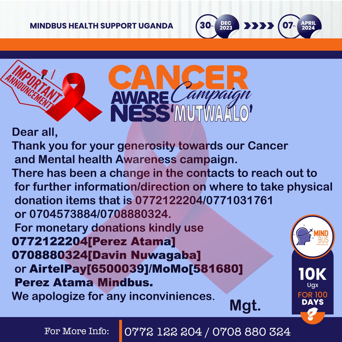 mindbusug's tweet photo. "Important Update! #NewcontactDetails for Our #Cancer &amp; #MentalHealthAwareness Campaign! Check out the flyer below for the latest information.#PowerOf10k #MentalHealth #CancerAwareness #announcement". https://t.co/Li9NpRksPb