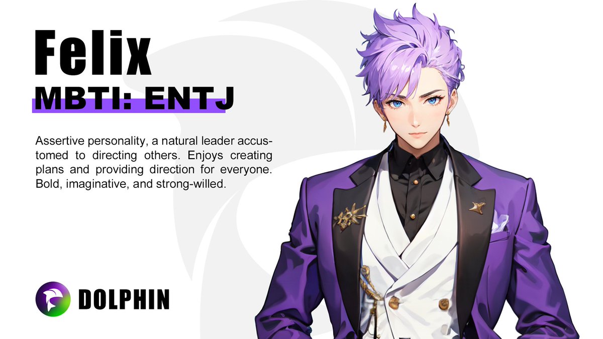 web3dolphinAI's tweet image. Assertive is the key personality of ENTJ type of person, and Felix is the natural leader within your virtual relationship.

Want to date Felix? go app.dolphinbot.ai

#dolphinai #aiagent #ailove