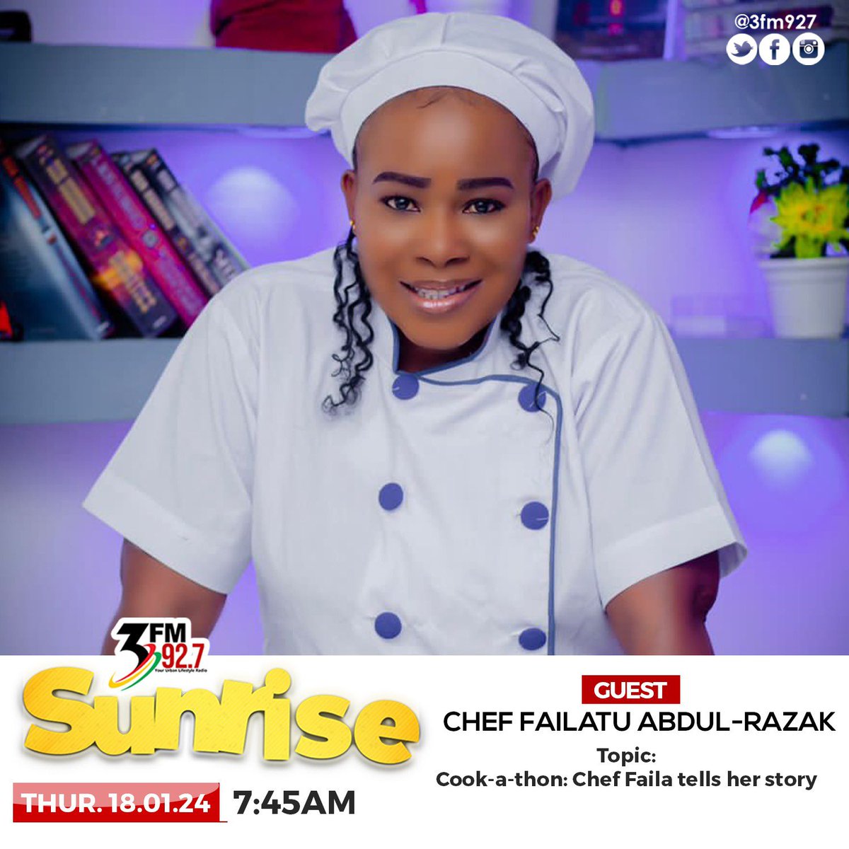 3fm927's tweet photo. We will be having chef Faila this morning on #3FMSunrise as she tells her story.
What do you want to know about her?
#3FMSunrise #Cookaton https://t.co/RF8g4Xvvu3