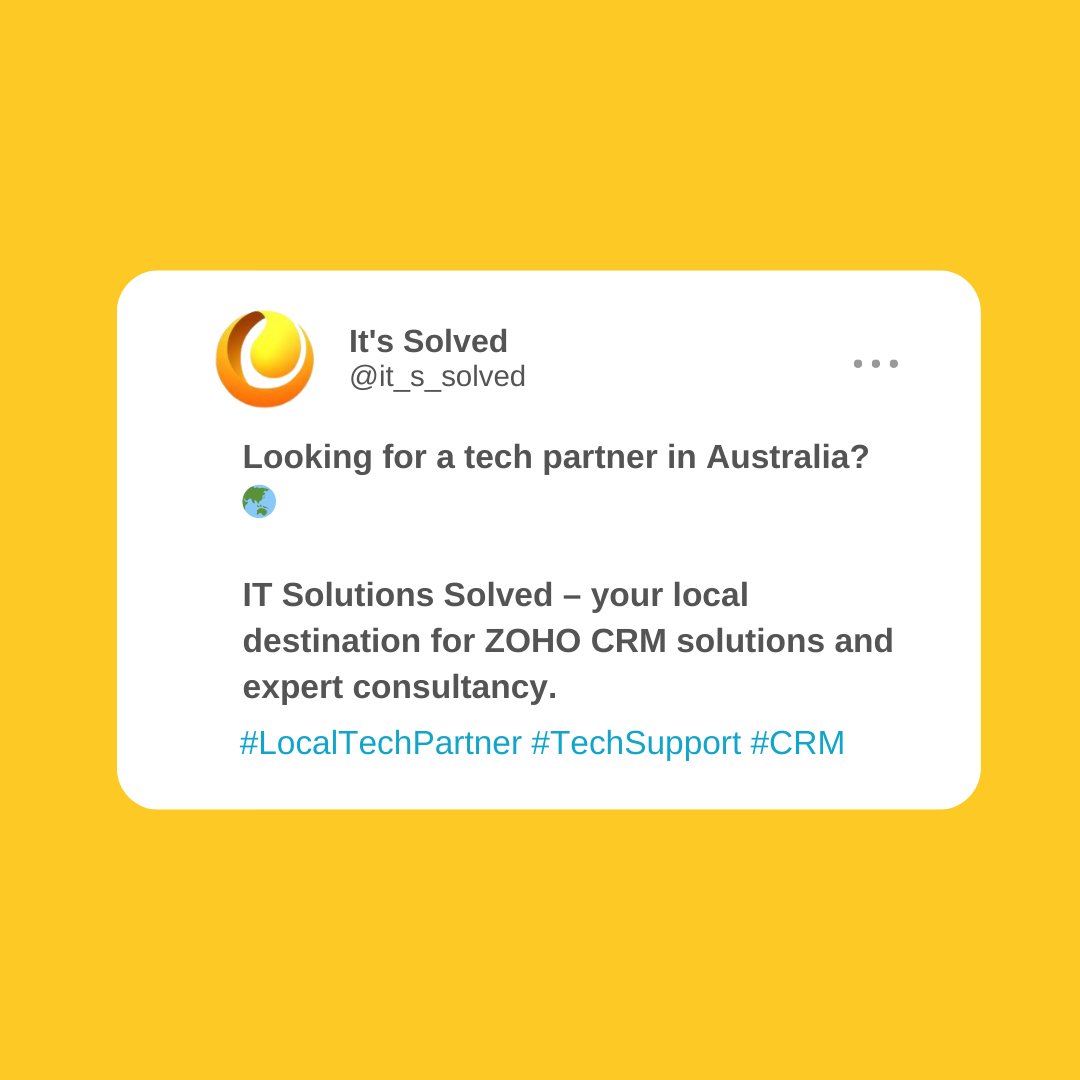 it_s_solved's tweet image. Looking for a tech partner in Australia? 🌏 

IT Solutions Solved – your local destination for ZOHO CRM solutions and expert consultancy. 

#LocalTechPartner #TechSupport #CRM 

Visit:- itsolutionssolved.com.au