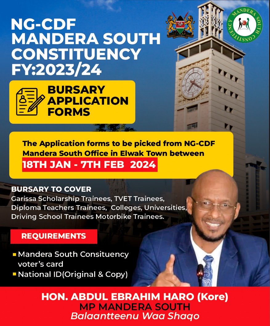 Our Mandera South Bursary applications are on, open from Jan 18 - Feb 7, 2024, covering a range of programs from teaching scholarships to driving school and more. Mandera South students are advised to grab this chance. Requirements: Voter card &amp; ID copy. <a href="/abduhar/">Hon. Abdul Haro (Kore)- MP, Mandera South</a> <a href="/NGCDF_Kenya/">NG-CDF</a>