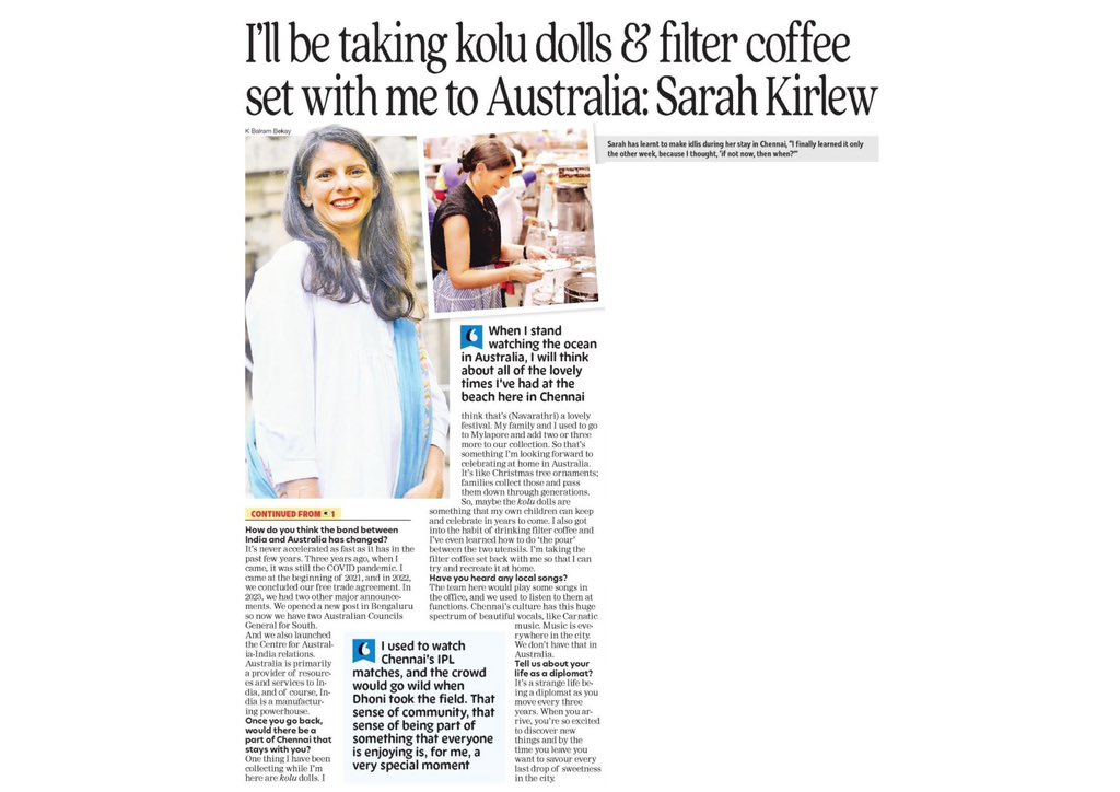 AusCGChennai's tweet photo. Grateful for the incredible experiences and friendships formed during my tenure. In my interview with @ChennaiTimesTOI, I reflect on my journey as Australia's Consul General in #Chennai. https://t.co/9i322D9JOa