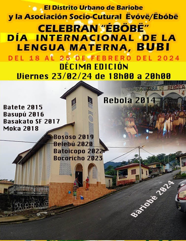 Ha pasado el tiempo y los años, cumplimos 10 años celebrando el día internacional de la lengua materna Bubi. 
En esta edición del evento sociocultural, ha sido elegido #Bariobe como pueblo anfitrión. 

#cultura #tradicion #EvBe #ëbóbë #ëvóvë #LenguaMaternaBubi #Bariobe #10Anivers
