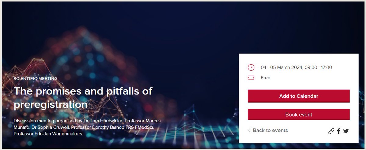 The @royalsociety will host a discussion meeting about #preregistration on the 4-5th March: 'The promises and pitfalls of preregistration' Free registration at: royalsociety.org/science-events…